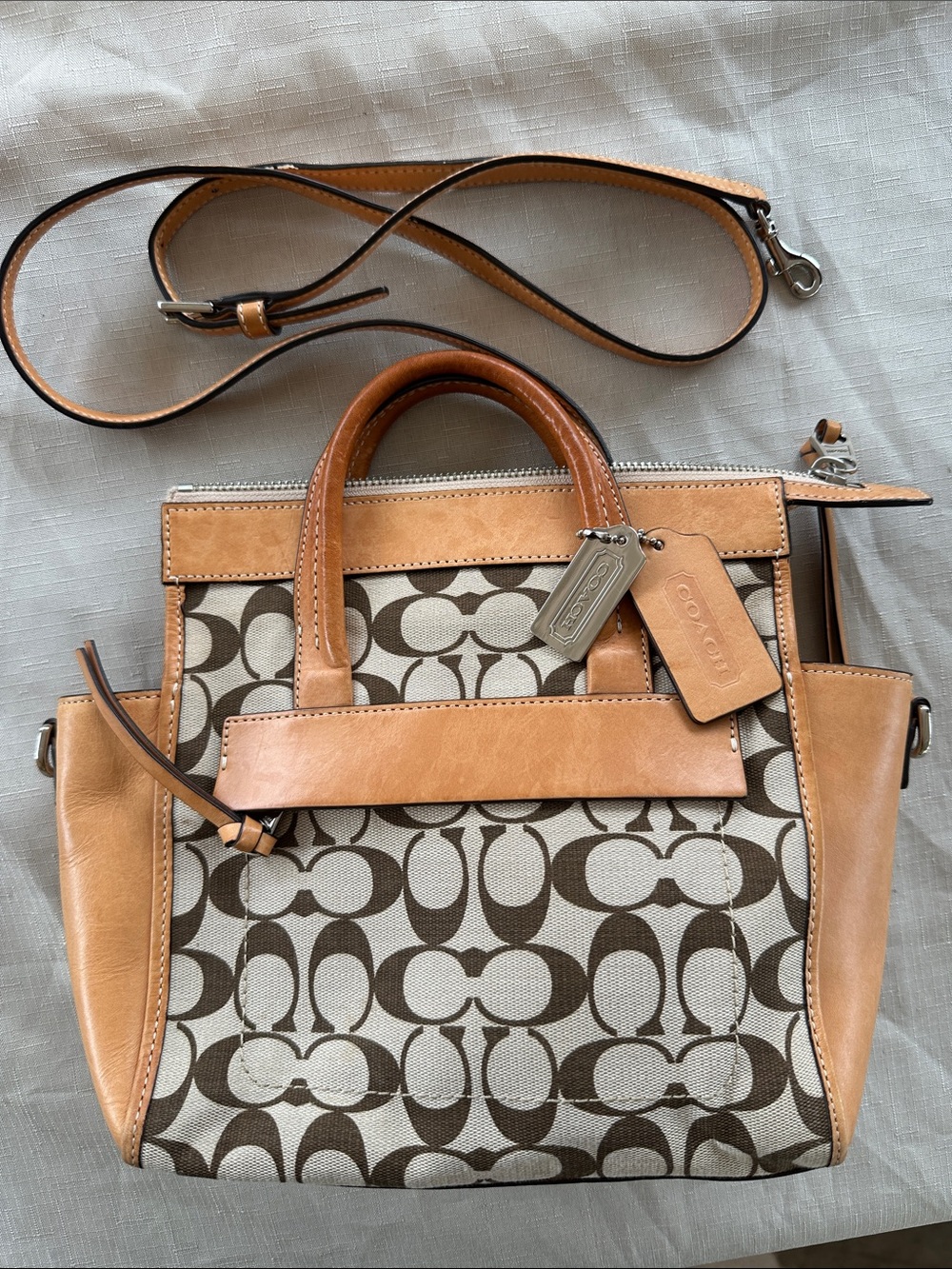 Coach Brown/Tan Signature Canvas Satchel with Leather Trim